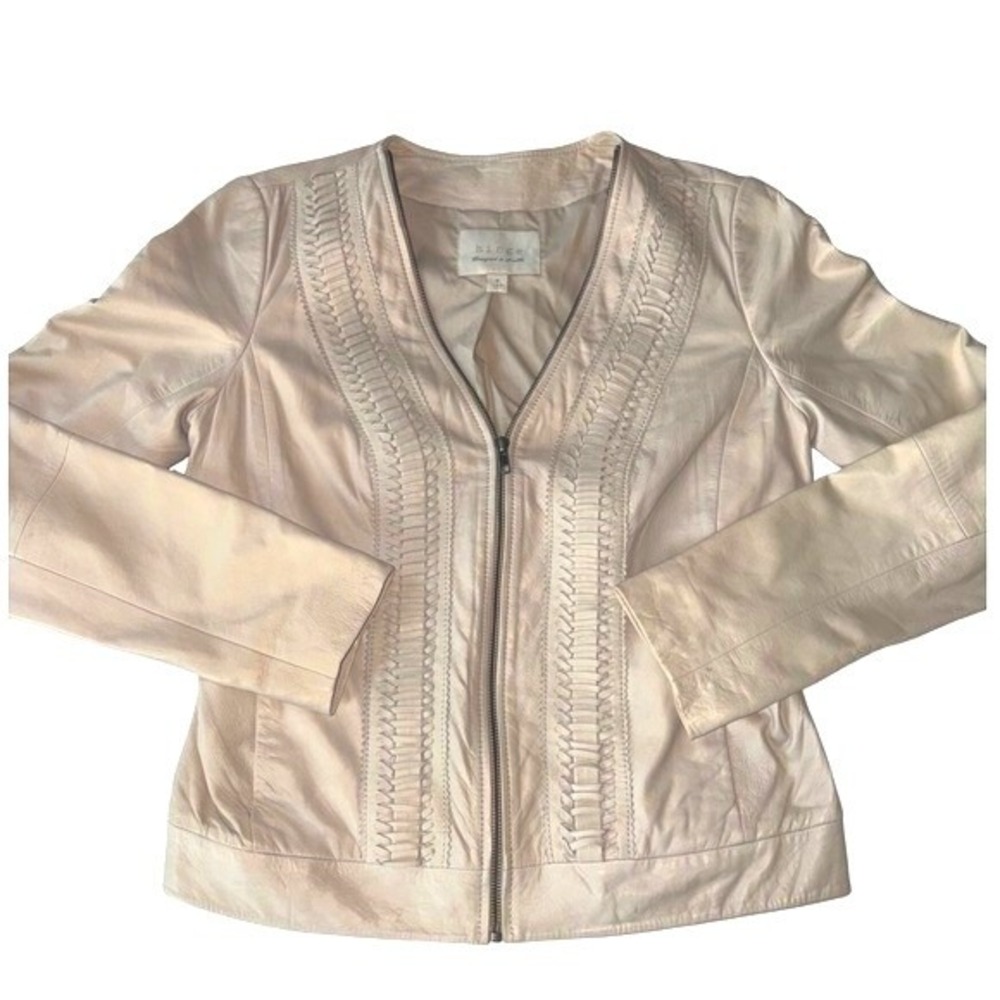 Hinge Beige Genuine Leather Jacket Womens Medium Woven Braided Collarless Boho